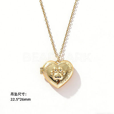 Brass Pave Clear Cubic Zirconia Heart with Paw Print Photo Locket Pendant Necklaces for Women WG0A403-03-1