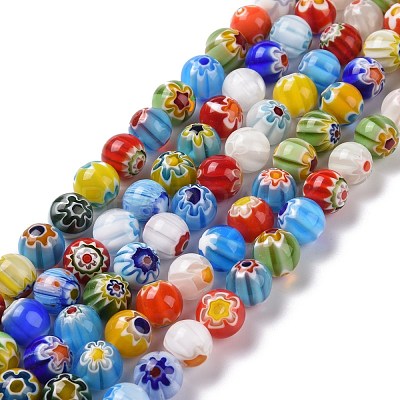 Millefiori Glass Round-Single Flower Bead Strands LK16-1