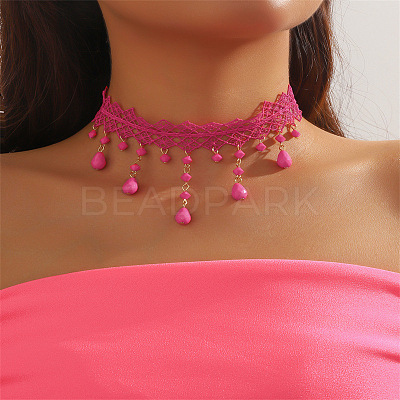 Gothic Style Spider Web Lace Alloy with Glass Teardrop Tassel Choker Necklaces for Women FS-WG111EC-04-1