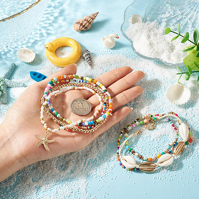 2 Bags Summer Beach Glass Seed Beaded & Natural Shell & Alloy Starfish Charm Anklet Sets AJEW-TA0003-69A-1
