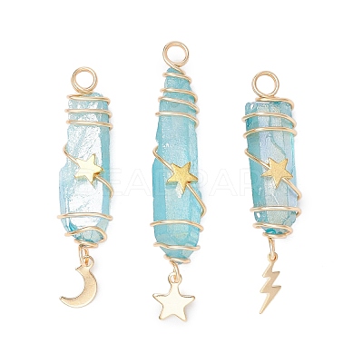 3Pcs 3 Styles Electroplated Natural Quartz Crystal Pointed Copper Wire Wrapped Pendants PALLOY-JF03766-04-1