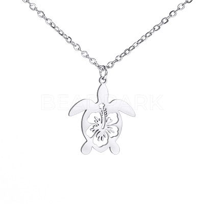 Ocean 304 Stainless Steel Hollow Floral Turtle Pendant Necklaces for Women WG89907-01-1