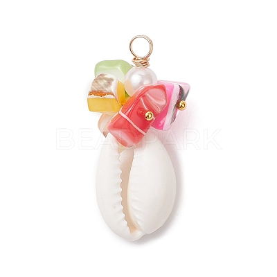 Natural Cowrie Shell & Dyed Natural Trochid Shell Nuggets Beaded Pendants PALLOY-JF04584-01-1