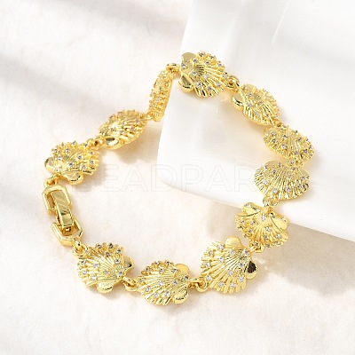 Summer Beach Brass Micro Pave Clear Cubic Zirconia Shell Shape Link Chain Bracelets LS-BJEW-C118-02B-G-1