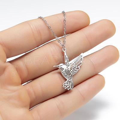 201 Stainless Steel Laser Cut Bird Pendant Necklaces for Women FS-WG55B1A-02-1