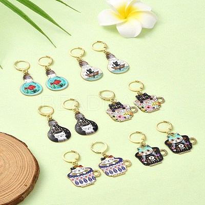 Cat Alloy Enamel Pendant Locking Stitch Markers HJEW-YW00021-1