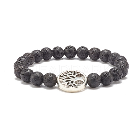 Natural Lava Rock Stretch Bracelet with Tree of Life BJEW-JB07692-1