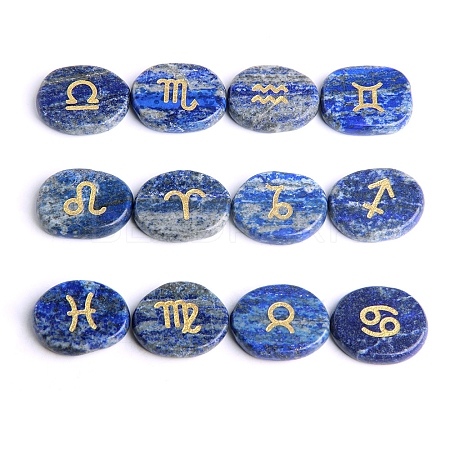 12Pcs Natural Lapis Lazuli Engraved 12 Constellation Oval Display Decoration PW-WG17432-01-1