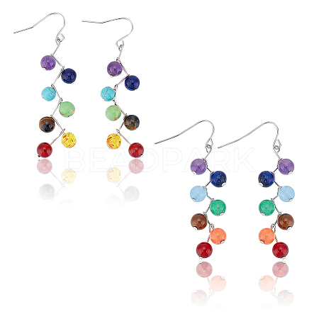 ANATTASOUL 2 Pairs 2 Style Dyed Natural & Synthetic Mixed Gemstone Round Beaded Dangle Earrings EJEW-AN0002-78-1