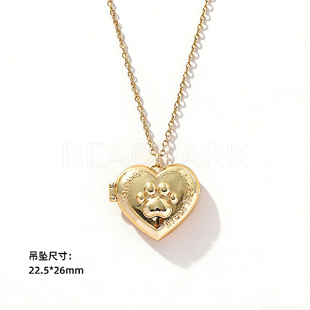 Brass Pave Clear Cubic Zirconia Heart with Paw Print Photo Locket Pendant Necklaces for Women WG0A403-03-1