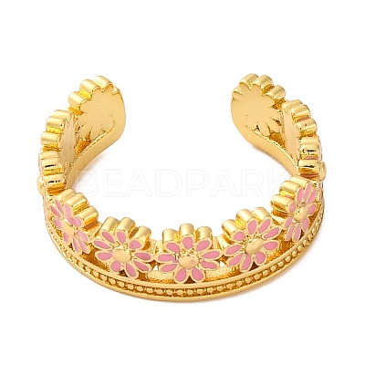 Rack Plating Flower Brass Enamel Open Cuff Rings for Women RJEW-S242-09G-A-1