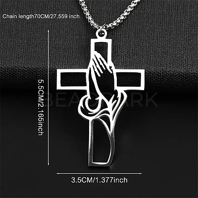 Hollow Cut Cross with Praying Hand 201 Stainless Steel Pendant Necklaces for Men FS-WG70CE0-01-1