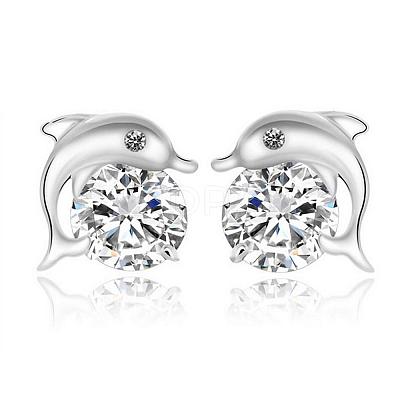 Real Platinum Plated Dolphin Brass Stud Earrings EJEW-EE0001-228-1