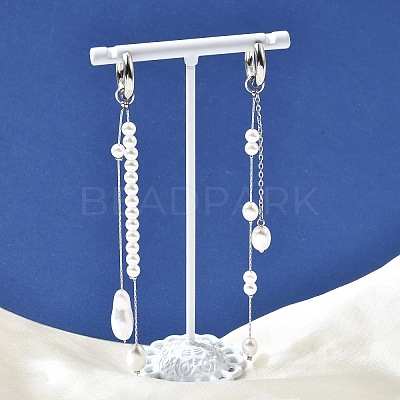 304 Stainless Steel & Glass Pearl Tassel Hoop Earrings for Women EJEW-G463-01P-1