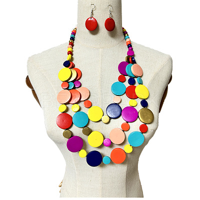 Ethnic Style Wood Flat Round Beaded Multilayer Necklaces & Dangle Earrings Sets WG19BD2-01-1