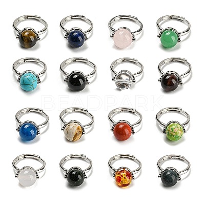 Natural & Synthetic Mixed Gemstone Round Adjustable Rings RJEW-G290-02P-1