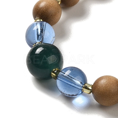 Synthetic Shoushan Stone & Sandalwood Beaded Stretch Bracelets with Glass Lotus Pod Charms BJEW-B080-06-1