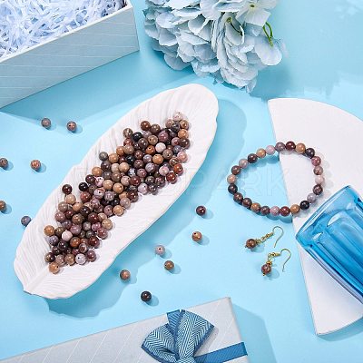 100Pcs Natural Petrified Wood Round Bead with Strong Stretchy Beading Elastic Thread G-SZ0002-28-1