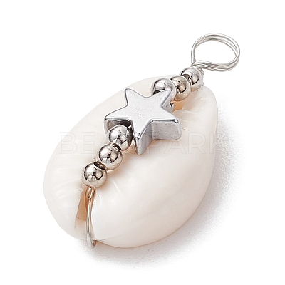6Pcs 6 Styles Natural Cowrie Shell Copper Wire Wrapped Star & Heart & Round Pendants PALLOY-JF02938-1