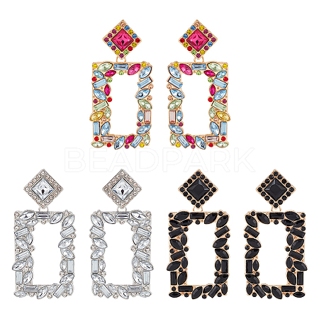 FIBLOOM 3 Pairs 3 Colors Rhinestone Hollow Out Rectangle Dangle Stud Earrings EJEW-FI0001-12-1
