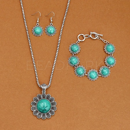 Flower Alloy with Synthetic Turquoise Pendant Necklaces & Dangle Earrings & Link Bracelets Sets WGD1135-17-1