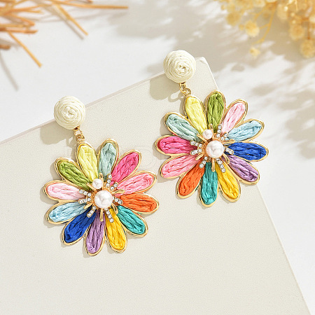 Flower Alloy Raffia Dangle Stud Earrings FS-WG63945-04-1