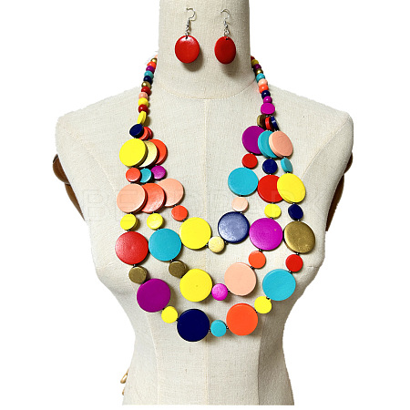 Ethnic Style Wood Flat Round Beaded Multilayer Necklaces & Dangle Earrings Sets WG19BD2-01-1