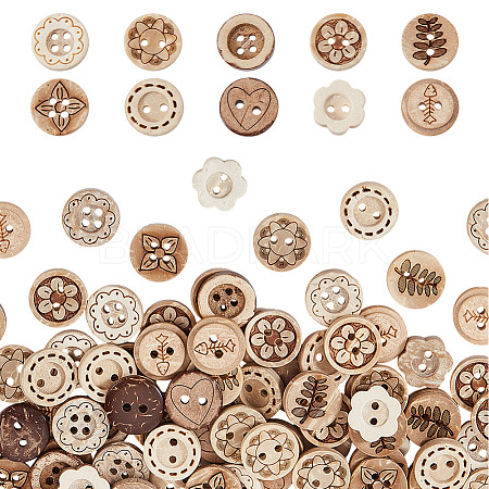 200Pcs 10 Styles Coconut Shell Buttons BUTT-HY0001-21-1