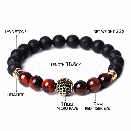 Dyed & Heated Natural Red Tiger Eye & Lava Rock & Cubic Zirconia Round Beads Stretch Bracelets for Men Women Round Beads Stretch Bracelets for Men Women FF8165-11-1