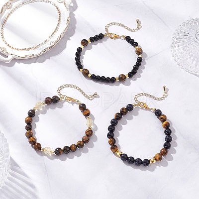 3Pcs Round Natural Tiger Eye & Citrine & Synthetic Blue Goldstone & Glass Pearl Beaded Bracelets for Women BJEW-JB12239-1