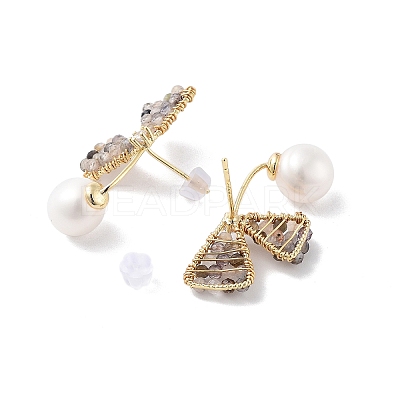 Butterfly Natural Pearl Dangle Stud Earrings EJEW-P256-60G-1