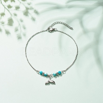304 Stainless Steel Whale Tail Charm Anklet with Round Natural White Jade Beads for Women AJEW-AN00498-01-1
