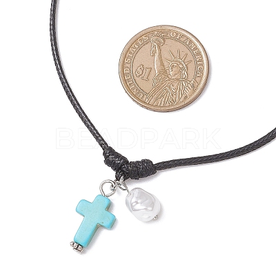 Adjustable Dyed Synthetic Turquoise with Round Plastic Imitation Pearl Cross Pendant Black Waxed Polyester Cord Necklaces for Women NJEW-JN05384-01-1