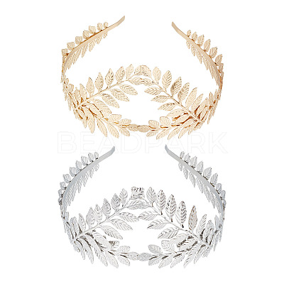 2Pcs 2 Colors Crown & Leaf Alloy Hair Bands OHAR-GO0001-11-1