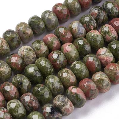 Faceted Natural Unakite Rondelle Beads Strands G-K090-10-1