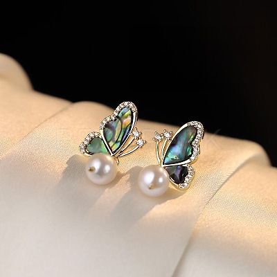 Brass Cubic Zirconia & Abalone Shell & Imitation Pearl Jewelry Set FS-WG1B634-01-1