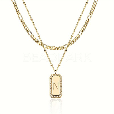 Brass Micro Pave Clear Cubic Zirconia Rectangle with Initial Pendant Double Layer Necklaces for Women FS-WG478B5-14-1