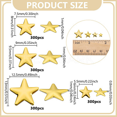1200Pcs 4 Styles Aluminum Hotfix Iron On Star Studs FIND-NB0006-17G-1