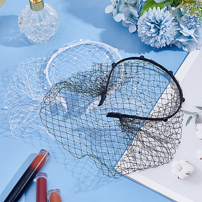 2Pcs 2 Colors Bridal Rhinestones Pearl Mesh Veil Cloth Hair Bands OHAR-BC0001-03-1