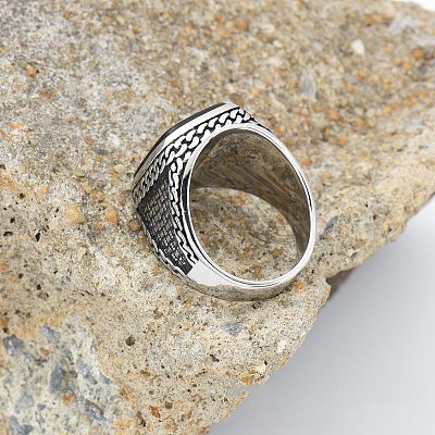 304 Stainless Steel with Natural Black Agate Finger Rings FS-WG67565-02-1