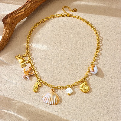 304 Stainless Steel & Natural Cowrie Shell Pendant Bib Necklaces for Women NJEW-A050-02G-1