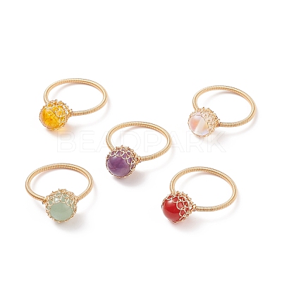 5Pcs 5 Style Natural & Synthetic Mixed Stone Round Ball Braided Finger Rings RJEW-TA00039-1