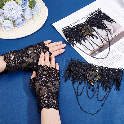 2 Pairs Polyester Lace Gloves AJEW-ME0003-36-1