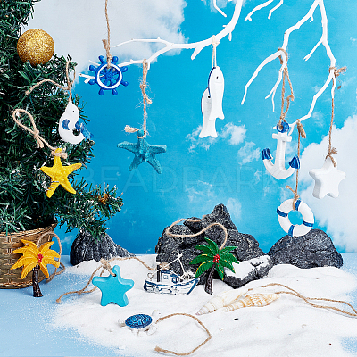 AHADEMAKER 14Pcs 14 Style Mediterranean Style Resin & Shell & Plastic Pendant Decoration HJEW-GA0001-34-1