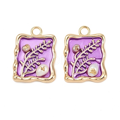 Brass Enamel & Natural Pearl Rectangle with Flower Pendants KK-K351-51G-03-1