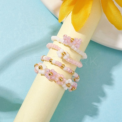 4Pcs 4 Style Glass Seed Beaded Stretch Finger Rings RJEW-JR00661-04-1