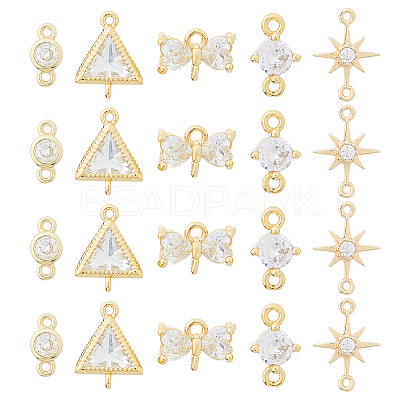 20Pcs 5 Styles Brass Pave Clear Cubic Zirconia Connector Charms KK-HS0001-30-1