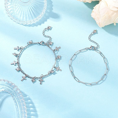 304 Stainless Steel Paperclip & Figaro Chain Bracelets for Women BJEW-JB12445-01-1