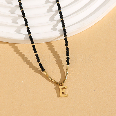 Stainless Steel Initial Pendant Faceted Round Natural Black Spinel Beaded Necklaces for Women ZD9259-5-1