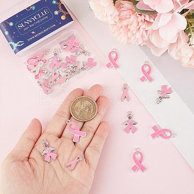 30Pcs 3 Style October Breast Cancer Pink Awareness Ribbon Alloy Enamel Pendants ENAM-SC0003-32-1
